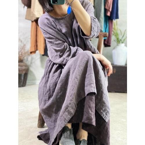 Women Loose Linen Solid Color Plus Size Robe Dress Ladies Vintage Autumn Spring Dress Female 2020 Oversized Flax Dresses