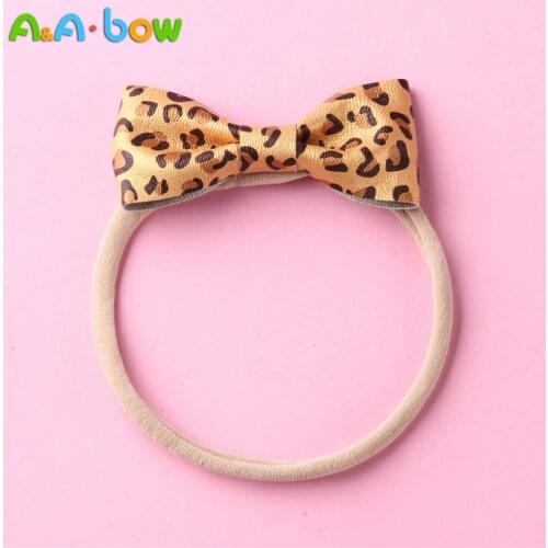1PC Handmade leopard bow nylon headbands,Baby girls soft fashion leather bow headband cute hair accessories birthday party gift