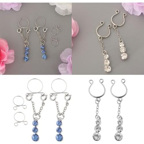 6Pcs Stainless Steel Nipple Rings No Pierced Punk Crystal Dangle Nipple Clip On Adjustable