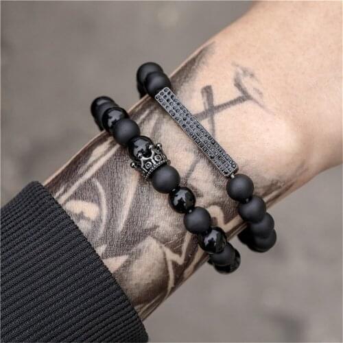 8mm Black Crystal Frosted Stone Zircon Crown Strip Stretch Set Bracelet 2pcs