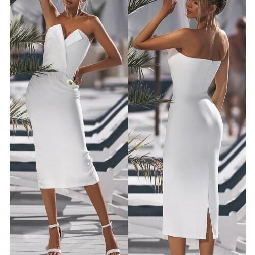 Long Sleeveless Sheath Satin Wedding Dresses with Back Slit Tea Length Zipper Back White V-Neck Bridal Gowns for Women