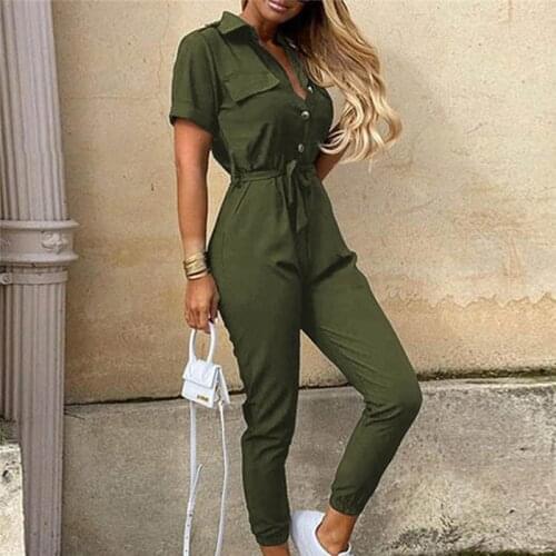 Women Casual Deep V Neck Short Sleeve Button Jumpsuit Ladies Slim Belt Decor Babysuit Women Fashion Solid Color Jumpsuit