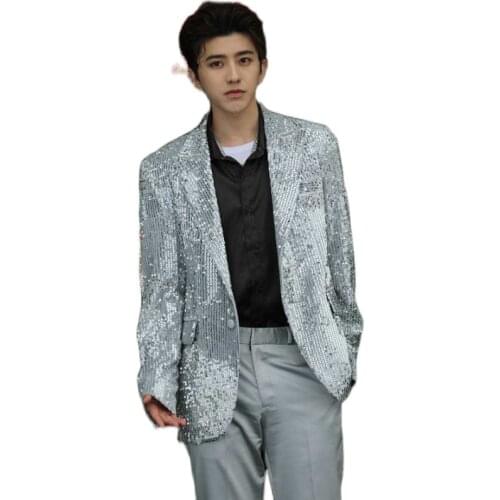 Korean mMale singer silver sequins casual lazy balzer masculino stage dancing performance costume new arrive men clothing coat