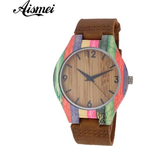 Creative Elegant Men Women Watch Unique Colorful Wooden Wristwatch Genuine Leather watches Gift for Ladies Quartz Clock reloj