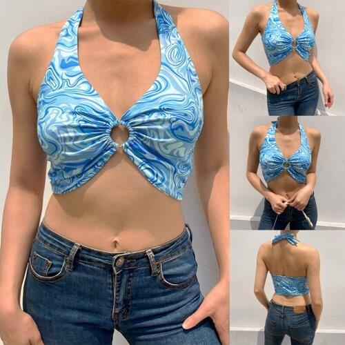 Wave Print Cute Girl Bustier Crop Tops Women Y2K Aesthetic Bandage Halter Summer Tops Backless Sexy