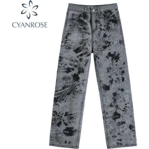 Fashion Streetwear Waist Wide Jeans Women Baggy 2021 Y2k Tie Dye Print High Waist Loose Casual Straight Female Denim Trouser