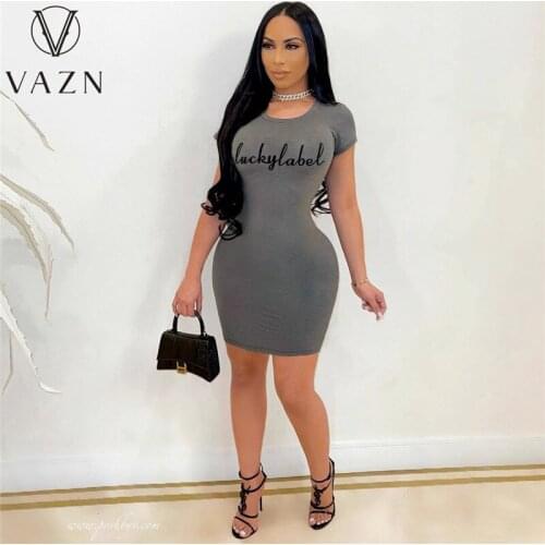 Lucky label New 2021 Fashion Short Sleeve O-Neck Beach Mini Letter Sexy Regular Dress Women Elegant Fashion Dress Slim Dress