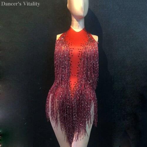 New Red Bodysuit Dance Costume Womens Performance Rhinestones Leotard Fashion Fringes Design Female Singer Dance Show clothing
