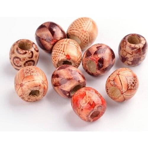 Pandahall 200pcs Mixed Pattern Printed Round Wooden Beads Large Hole Loose Beads For Jewelry Making DIY Bracelets 16x17x17mm