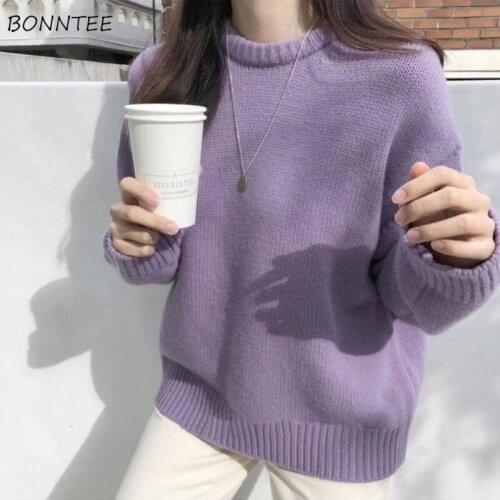 Pullovers Women Plus Size 3XL Purple Solid Long Sleeve Basic Design All-match Bright Warm Sweet Ladies Retro Tops Leisure Loose