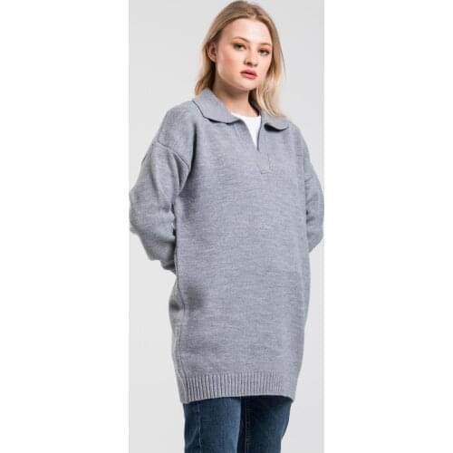 Grey Oversized sweater without buttons with polo collar