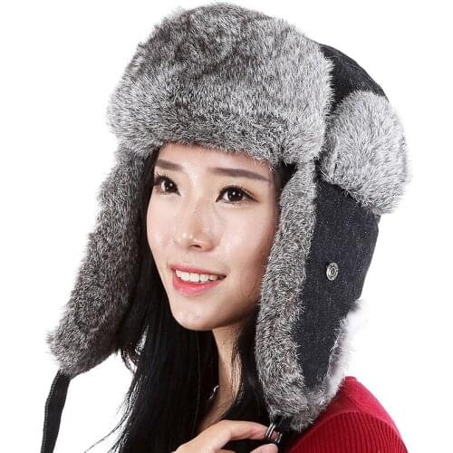 Handmade Women Winter Real Rabbit Fur Bomber Hat Outdoor Warm Full Pelt Genuine Fur Cap Ski Unisex Men Hats H8