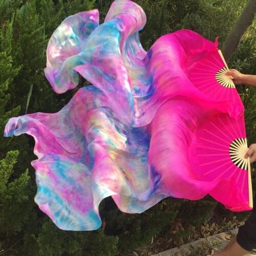 New Arrival 100% pure real Silk Fan Veils for Belly Dancing Sexy long silk Fans for dancers 1.8*0.9m tie-dyed color