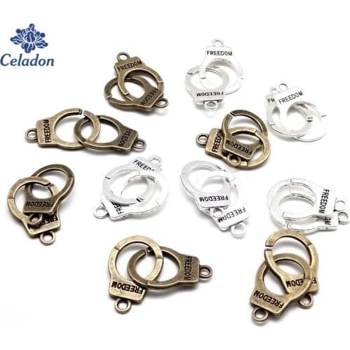 20 Pairs of Antique Bronze Silver Color Freedom Handcuffs Charm Clasp 22mm for DIY Bracelet Jewelry Findings Making Accessories