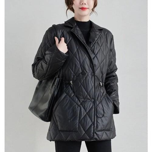 Women Casual Quilted Coats New Arrival 2021 Winter Vintage Oversize Turn-Down Collar Female Thick Warm Black Jackets Outwear