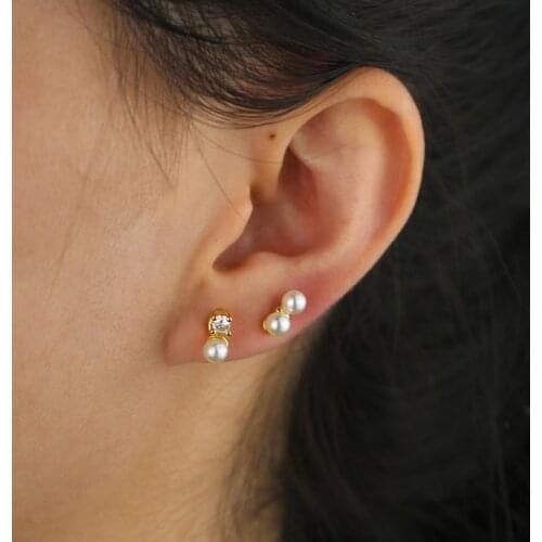 Gold filled cute tiny stud earring with cz paved fresh pearl v shape earrings for women lady 4pcs/set wedding charm jewelry Gift