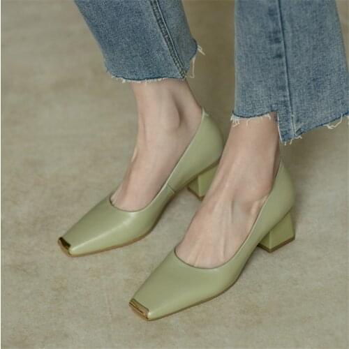 2021 Spring/summer New Womens Pumps Genuine Leather Square Toe Chunky Heel Fashion All-match Casual Womens Shoes Green/Apricot