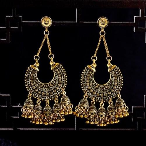 Womens Vintage Ethnic Gypsy Water Drop Gold Indian Earrings Boho Jewelry Retro Bell Tassel Hollow Ladies Jhumka Earrings