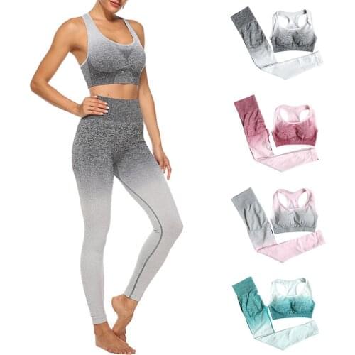 Women Tracksuit Fitness Running Seamless Slim Workout Outfits Activewear Set Ladies HIgh Elastic Gradient Color Yoga Tracksuit