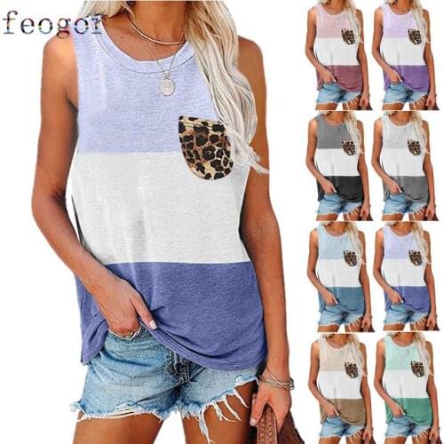 FEOGOR Casual vest Baggy vest 2021 summer new womens loose casual color matching leopard print pocket vest T-shirt women