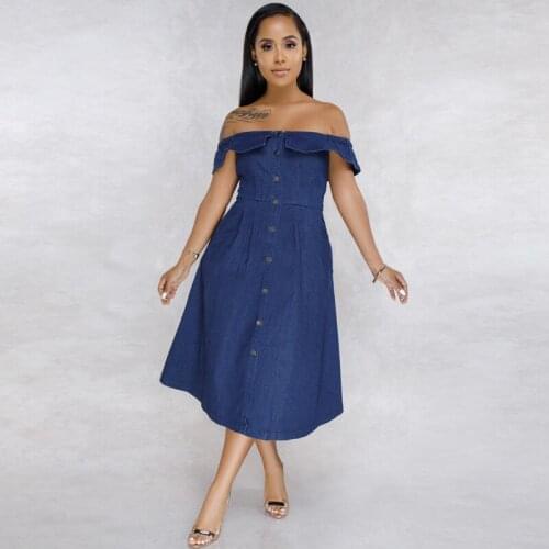 Wendywu Sexy Women Slash Neck Ruffles Sleeve Bodycon Denim Skater Dress Elegant Hollow Out Jeans Casual Dress Vestidos