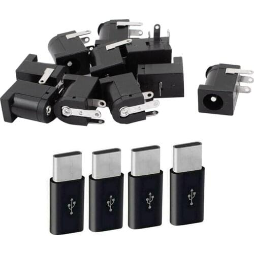 10Pcs 3 Pin PCB Mount DC Power Jack Socket Connector & 1Set Micro-USB To USB C Adapter, Mini To Typec Charging Adapter