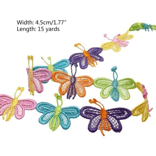 15 Yards Colorful Butterfly Decorating Lace Embroidered Trim Ribbon Applique for DIY Sewing Making Craft Supplies Bridal Wedding
