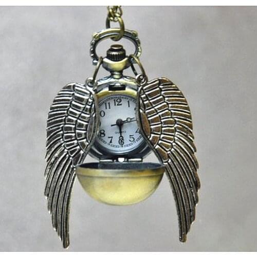 3084)Vintage bronze ball with silver wings round ball snitch pocket watch necklace pendant,12 pcs/lot.Xmas tree deco gift