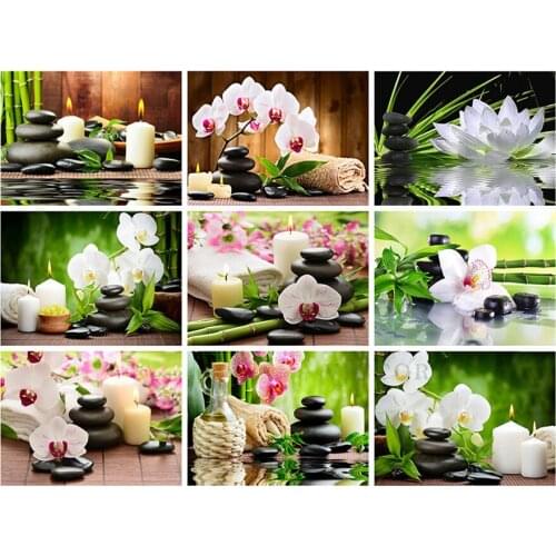 5D Diamond Painting Orchid Stone Candles Diamond Mosaic Diy Full Round Embroidery Flowers Cross Stitch Rhinestone Home Decor