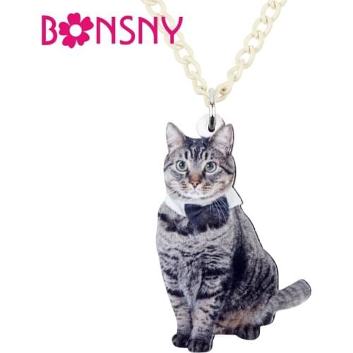 Bonsny Acrylic Bowknot Elegant Sitting Kitten Cat Necklace Pendant Chain Choker Animal Jewelry For Women Girls Ladies Teens Gift