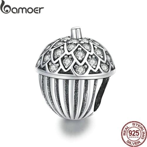 Bamoer Genuine 925 Sterling Silver CZ silver Lucky Pine Cone Original Charm for Brand Female DIY Bracelet Jewelry BSC337