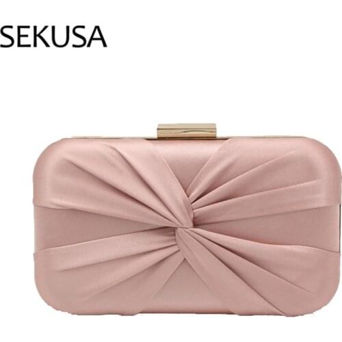 Ruched Bow Women Evening Bags Pink Black White Color Satin Mini Day Clutch With Chain Messenger Handbags