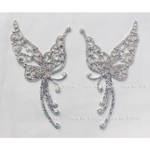 Free shipping 1 pair /lot fashion butterfly ab crystal applique flatback garment sewing stones for dancing dress gown decoration