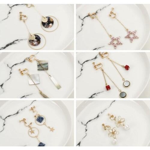 GRACE JUN Luxury Bridal Wedding Clip on Earrings Non Pierced Popular Natrual Stone Pearl Shell CZ Star Flower Geometric Ear Clip