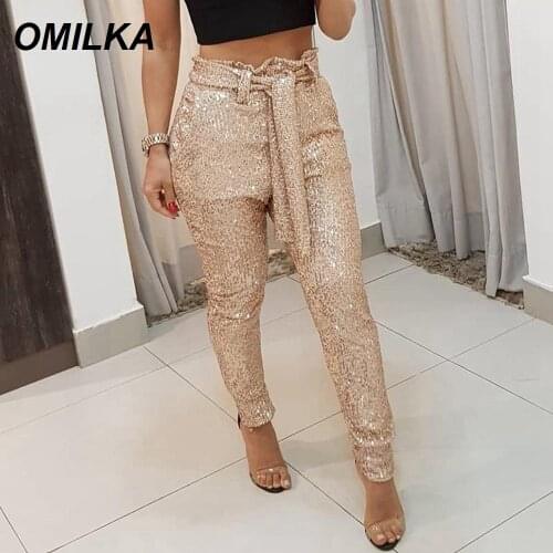 OMILKA Glitter Sequin Belt Pencil Pants 2019 Autumn Women Gold Silver Shiny Sexy Nightclub Party Elegant Bling Sequin Pants