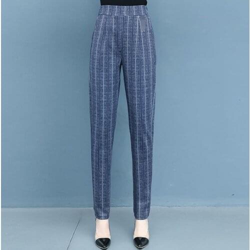 Plus Size 4XL Stripe Slim Harem Pants Casual Elastic High Waist Trousers Office Lady Spring Pencil Pants Joggers Female