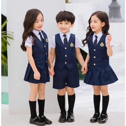 Children Navy Blue Cotton Japanese School Uniforms Girls Boys Academic Navy Kawaii Waistcoat Vest Skirt Tie Clothing Sets Outfit