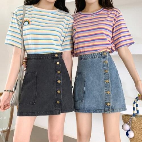Denim Girl Skirt Summer Korean New Style Loose High Waist Breasted Retro A-line Skirt Student Womens Clothing