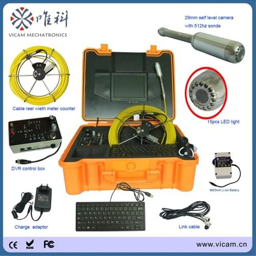 50m cable 10 inch lcd monitor 700TVL self level drain pipeline inspection camera with meter counter and 512hz sonde/transmitter