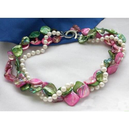 3Rows 17inches Green Red Shell White Round Freshwater Cultured Pearl Necklace,Handmade,Perfect Women Wedding Birthday Party Gift