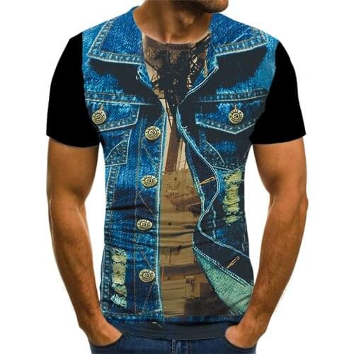 2021 summer 3DT shirt hip-hop denim fake two-piece printed T-shirt casual loose short-sleeved Harajuku casual top