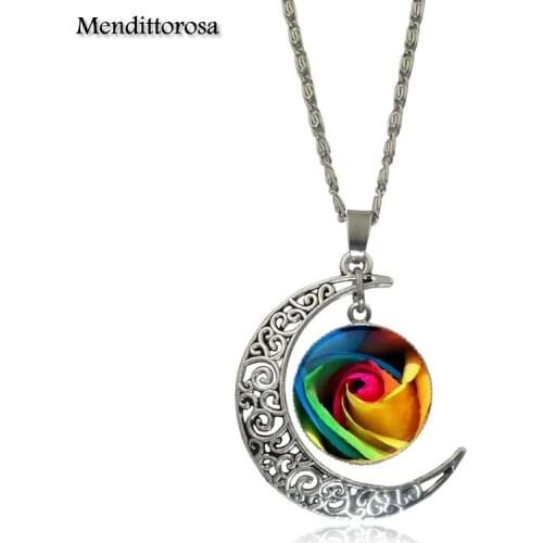 Mendittorosa Fashion Vintage Necklaces & Pendants Necklace With Crescent Moon Glass Rose Flower