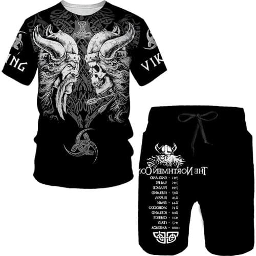 2021 Summer Viking 3d Printed Mens T-shirt + Shorts Suit Mens Sportswear Sportswear O-neck Casual Short-sleeved Boy Suit