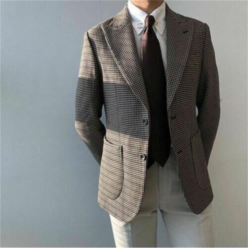 Vintage Houndstooth Mens Suit Jacket Pant 2 PCS Dark Gray Custom Made Formal Blazer Wedding Tuxedos Business Men Wear