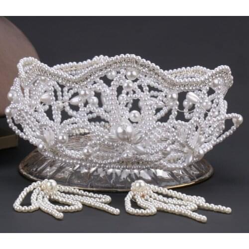 2021 New Handmade Jewelry Imitation Pearl Big Round Crown European Bride Wedding Crown Wedding Jewelry Headdress