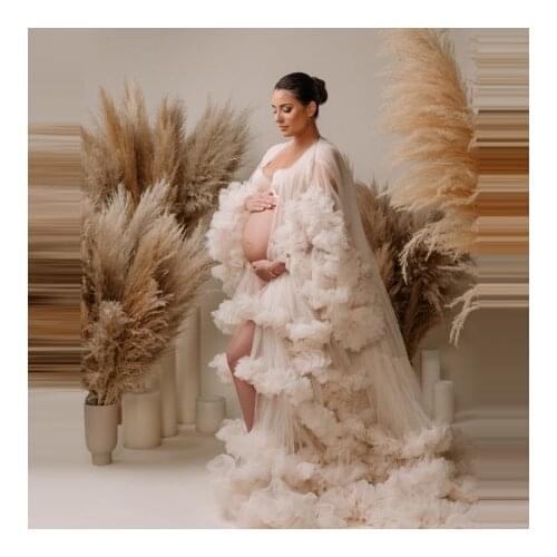 New In Ivory Tulle Pregnancy Gowns Long Sleeves Ruffles Extra Puffy Tiered Long With Train Maternity Dresses