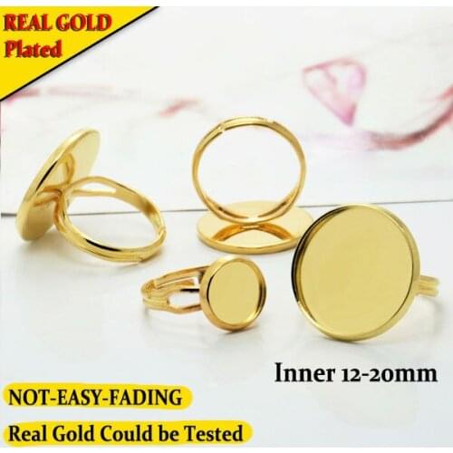 Real Gold Plated Not-Easy-Fading Ring Base with Inner 12-20mm Setting Tray for Glass Cabochons/Bezel,50pcs/lot
