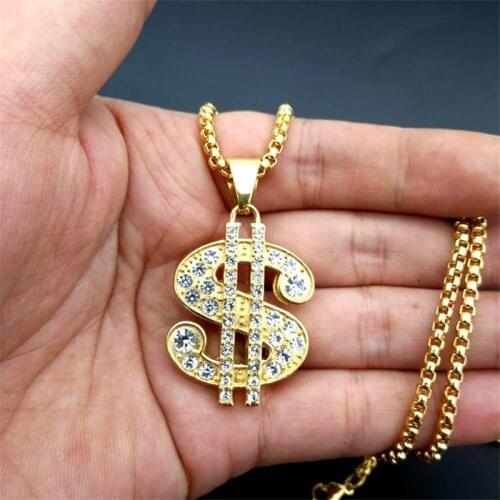 US Dollar Money Necklace Pendant Stainless Steel Gold Color Necklace For Women/Men Iced Out Bling Rhinestones Hip Hop Jewelry