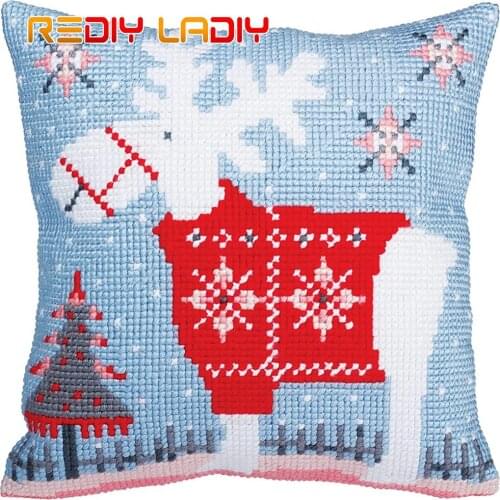 DIY Cross Stitch Cushion Cover Christmas Deer Needlepoint Kits Printed Canvas Thick Yarn Cross-stitch Pillow Case Arts and Craft
