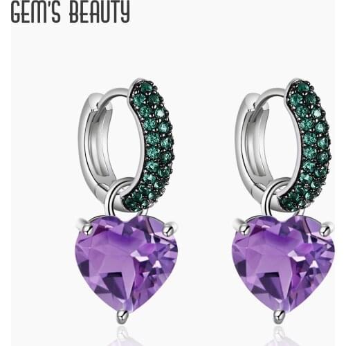 GEMS BEAUTY 925 Sterling Silver Heart Shape Natural Amethyst Handmade Statement Earrings Drop Earrings For Women Fine Jewelry